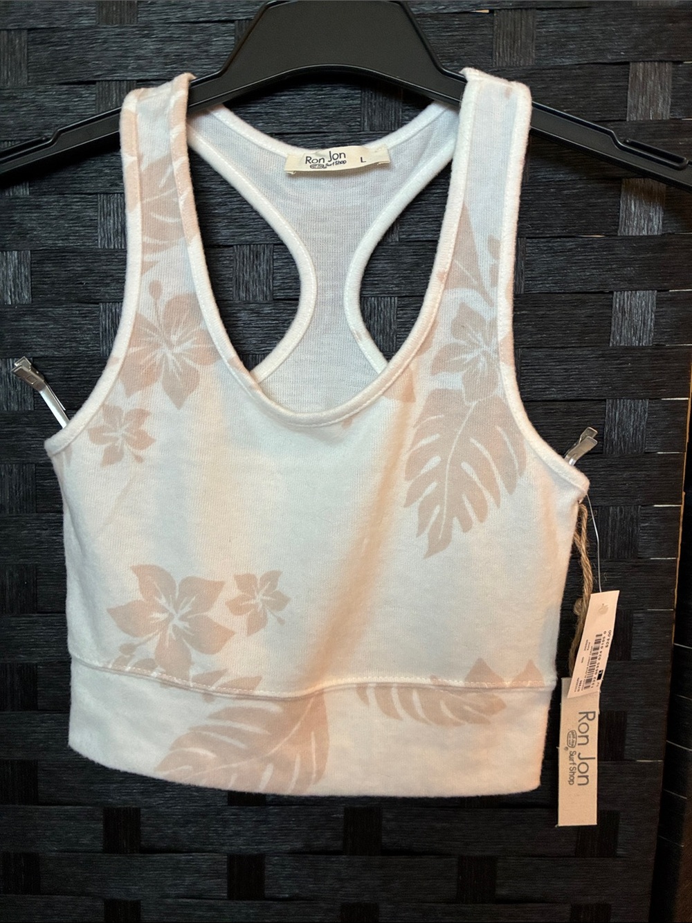 Ron Jon White and Beige Floral Racerback Crop Top